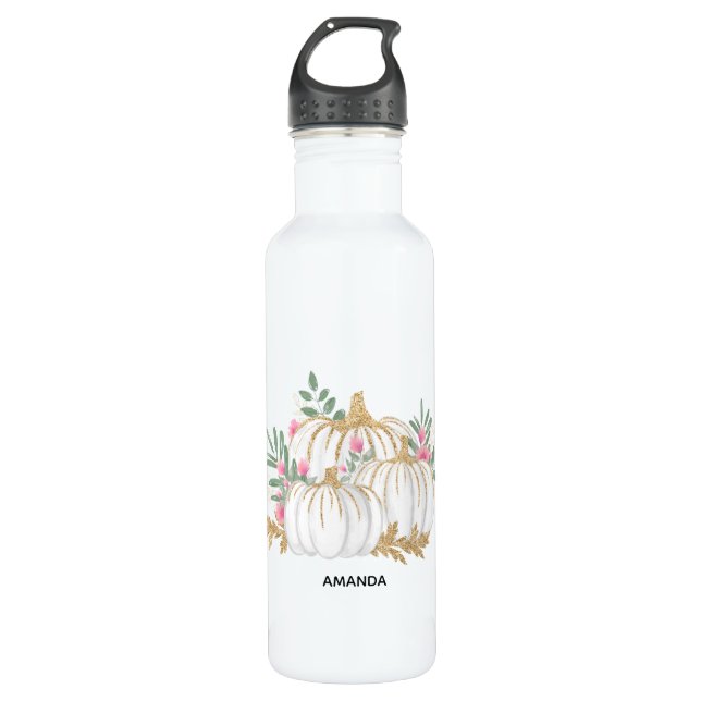 White and Gold Pumpkins Watercolor Stainless Steel Water Bottle (Front)