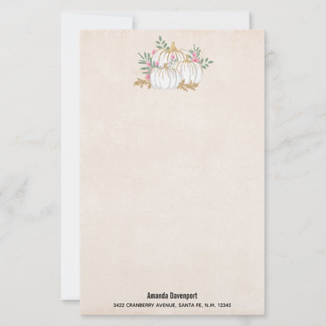 White and Gold Pumpkins Watercolor Stationery (Front)