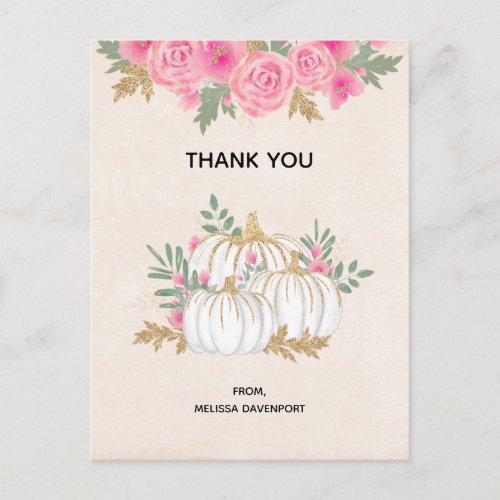  White and Gold Pumpkins Watercolor Thank You Postcard