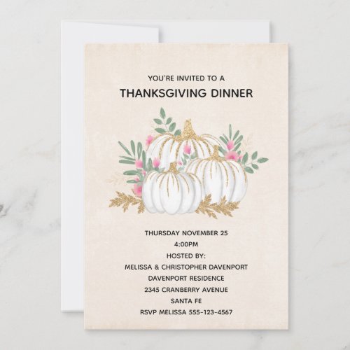 White and Gold Pumpkins Watercolor Thanksgiving In Invitation