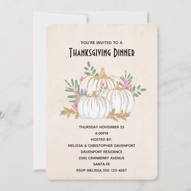 White and Gold Pumpkins Watercolor Thanksgiving Invitation (Front)