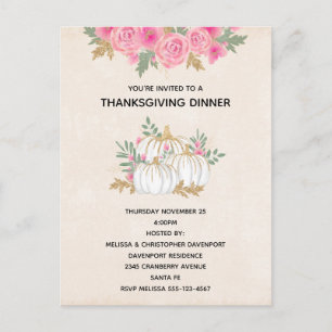 White and Gold Pumpkins Watercolor Thanksgiving Invitation Postcard