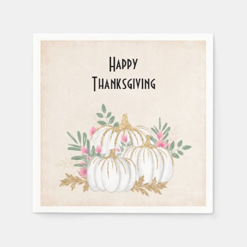 White and Gold Pumpkins Watercolor Thanksgiving Napkins