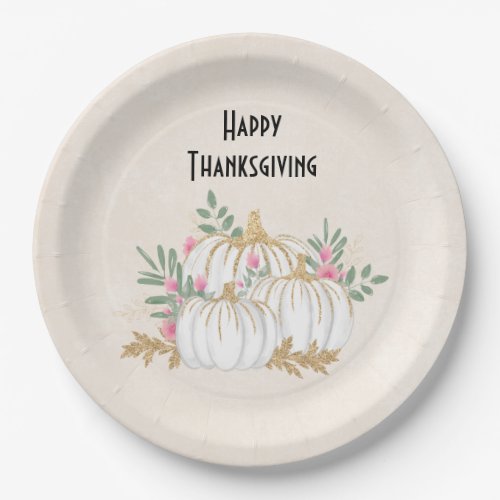  White and Gold Pumpkins Watercolor Thanksgiving Paper Plates