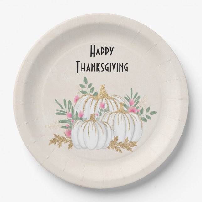  White and Gold Pumpkins Watercolor Thanksgiving Paper Plates (Front)