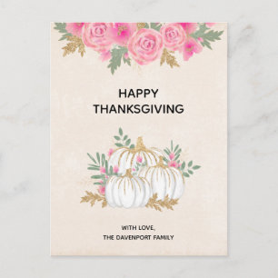 White and Gold Pumpkins Watercolor Thanksgiving Postcard