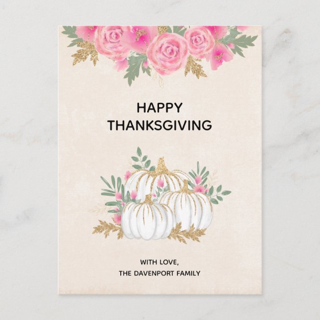 White and Gold Pumpkins Watercolor Thanksgiving Postcard (Front)