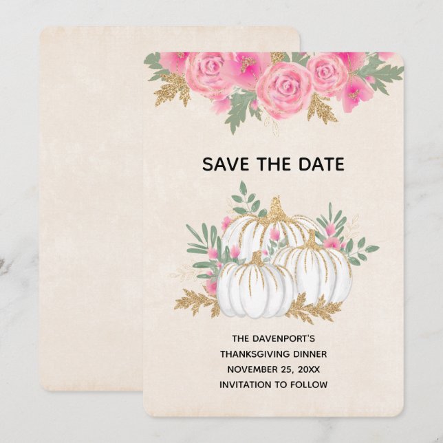 White and Gold Pumpkins Watercolor Thanksgiving Save The Date (Front/Back)