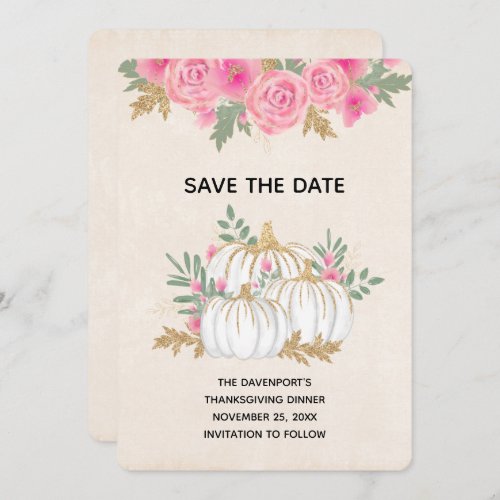 White and Gold Pumpkins Watercolor Thanksgiving Save The Date