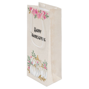 White and Gold Pumpkins Watercolor Thanksgiving Wine Gift Bag