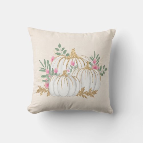White and Gold Pumpkins Watercolor Throw Pillow
