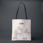 White and Gold Pumpkins Watercolor Tote Bag<br><div class="desc">A tote bag with fancy watercolor white pumpkins with accents of faux gold glitter. Surrounded by green leaves and pink wild flowers.</div>
