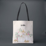White and Gold Pumpkins Watercolor Tote Bag<br><div class="desc">A tote bag with fancy watercolor white pumpkins with accents of faux gold glitter. Surrounded by green leaves and pink wild flowers.</div>