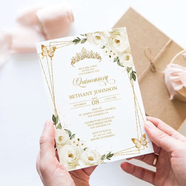 White and Gold Quinceañera Invitation (Creator Uploaded)