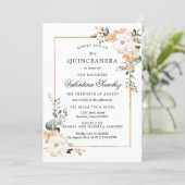 White and Gold Rose Floral Quinceanera Invitation (Standing Front)