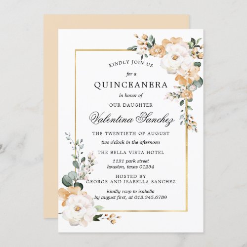 White and Gold Rose Floral Quinceanera Invitation