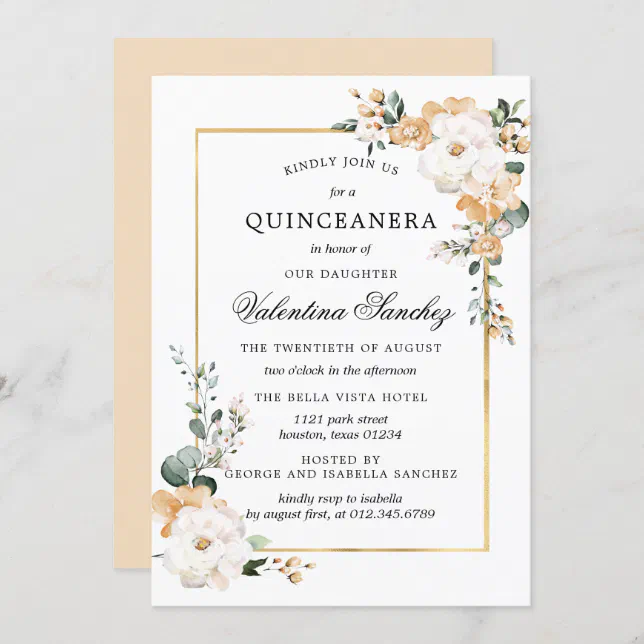 White and Gold Rose Floral Quinceanera Invitation | Zazzle