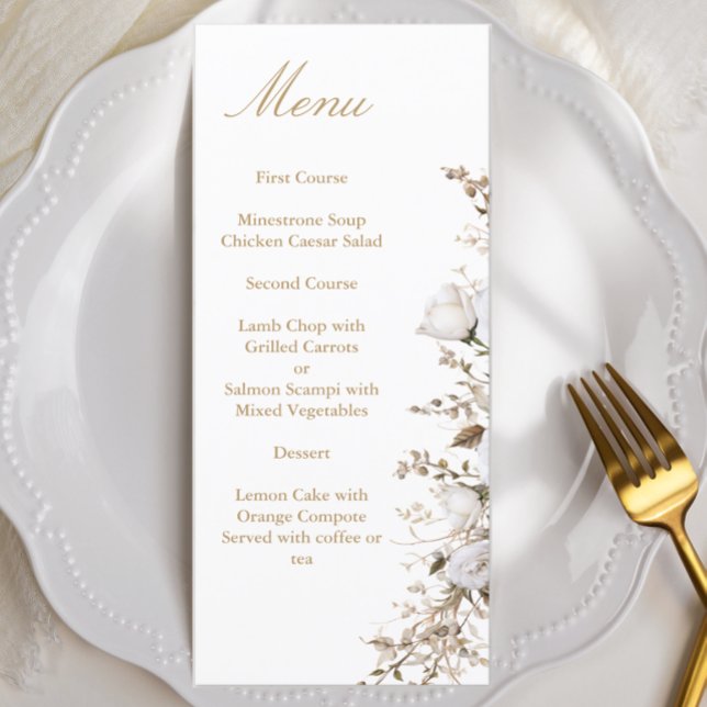 White and Gold Roses Elegant Botanical Wedding Menu (Creator Uploaded)