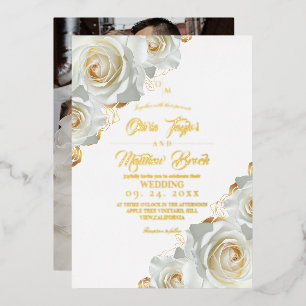 White and Gold Roses Floral Wedding Foil Invitation