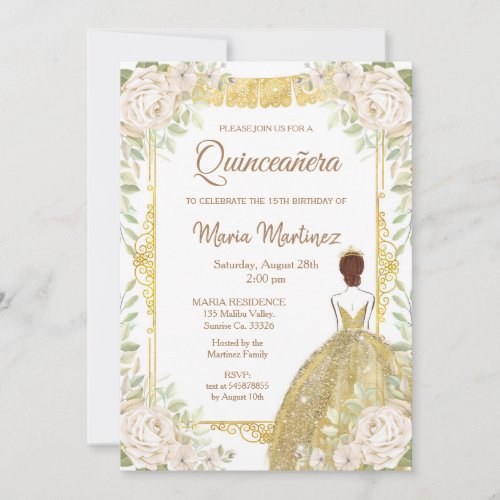 White and Gold Roses Quinceanera Birthday Invitation