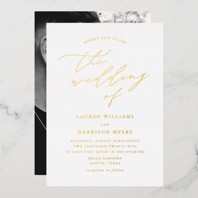 White and Gold Script Photo Wedding Foil Invitation (Front/Back)