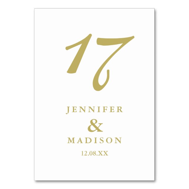 White and gold script wedding Table Card (Back)