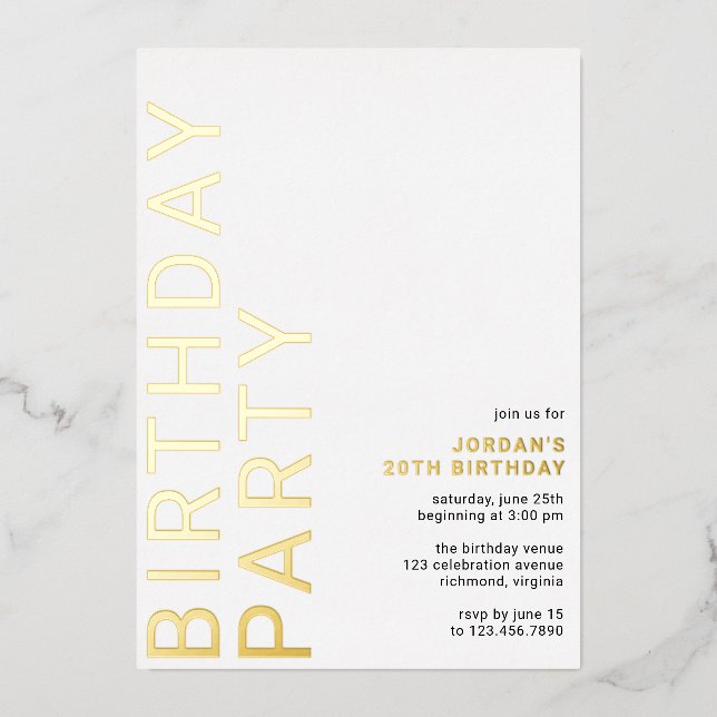 White and Gold | Simple Modern Any Age Birthday Foil Invitation (Front)