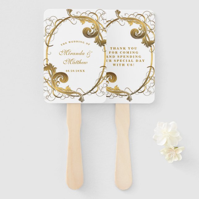 White and Gold Simple Ornament Wedding Thank You Hand Fan (Front and Back)