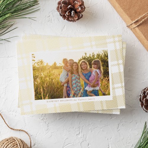 White and Gold Simple Plaid Frame Foil Holiday Card