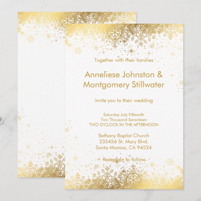 White and Gold Snowflakes Wedding Invitation (Front/Back)