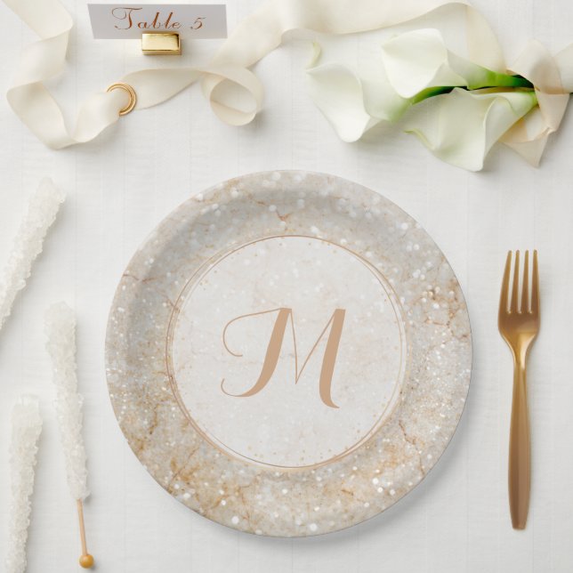 White and Gold Sparkle Monogram Paper Plates (Wedding)