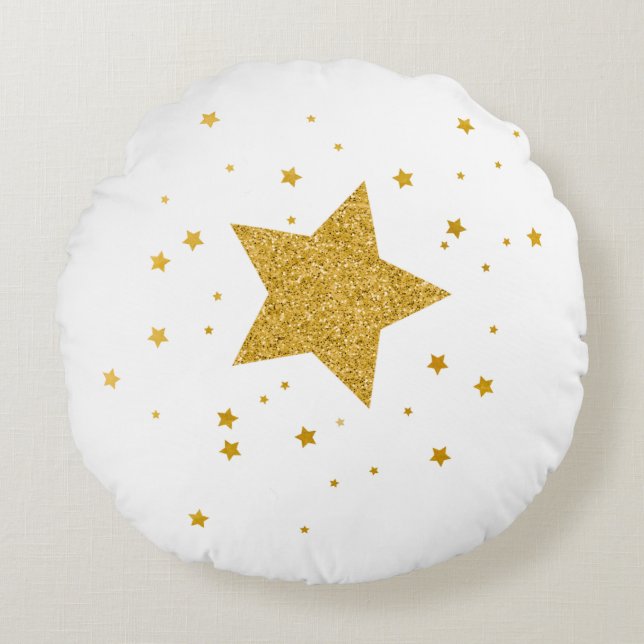 White and Gold Starry Night  Round Pillow (Front)