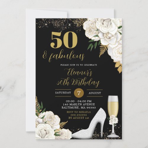 White and Gold Stiletto Heels Floral Birthday Invitation