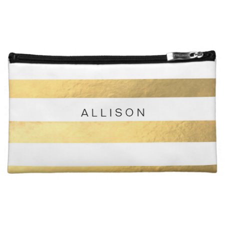 White And Gold Stripe Personalized Cosmetic Bag
