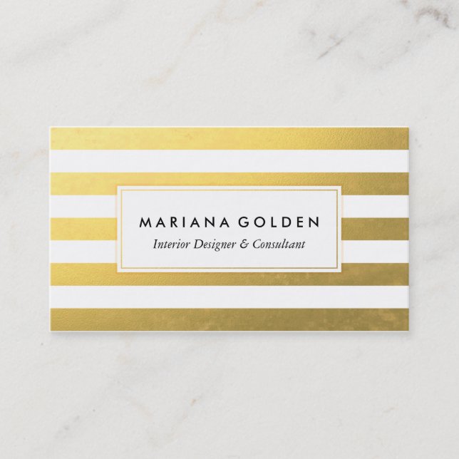 White and Gold Striped Business Card (Front)