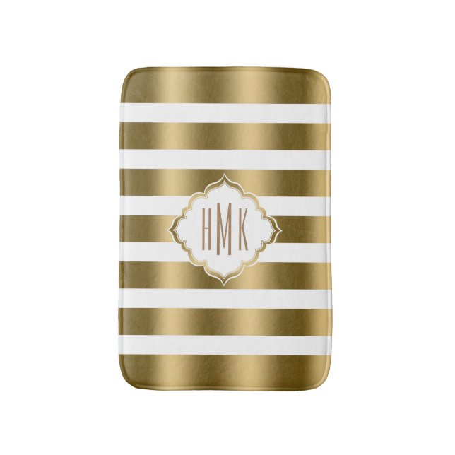 White And Gold Stripes Monogramed Bath Mat (Front Vertical)