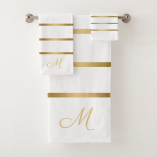 White and gold stripes pattern bath towel set