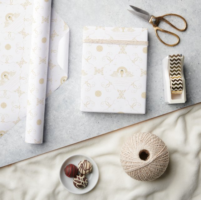 White and Gold Swans in Love Quatrefoil Gift Wrapping Paper (Crafts)
