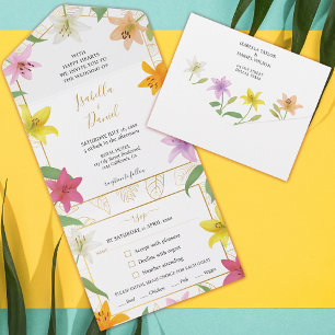 White and Gold Tropical Lily Wedding All In One Invitation