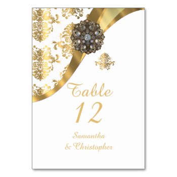 White And Gold Vintage Damask Wedding Table Number by personalized_wedding at Zazzle