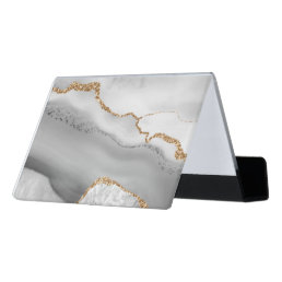 white and gold watercolor agate desk business card holder