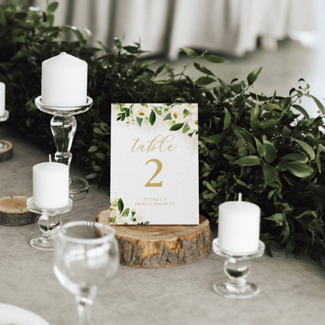 White and Gold Watercolor Floral Personalized Table Number (Creator Uploaded)