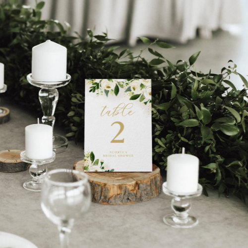 White and Gold Watercolor Floral Personalized Table Number