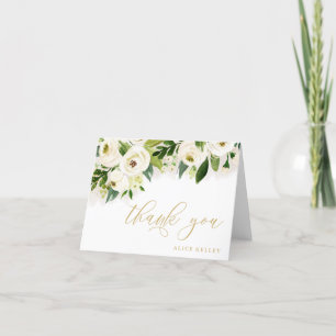 White and Gold Watercolor Floral Personalized Thank You Card
