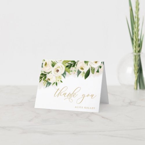 White and Gold Watercolor Floral Personalized Thank You Card