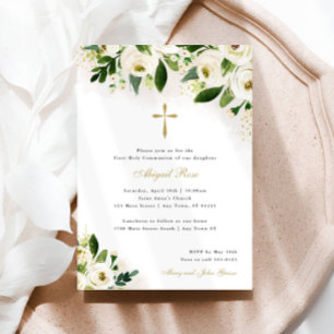 White and Gold Watercolor Floral Religious Cross Invitation