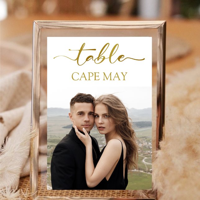White and Gold Wedding Photo Table Number Cards (Wedding Travel Destination Name Photo White Gold Table Number)