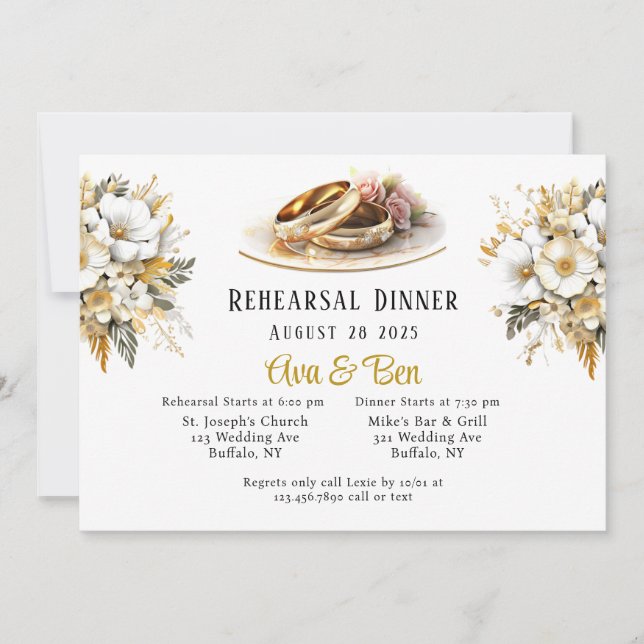 White and Gold Wedding Rings Rehearsal Dinner  Invitation (Front)