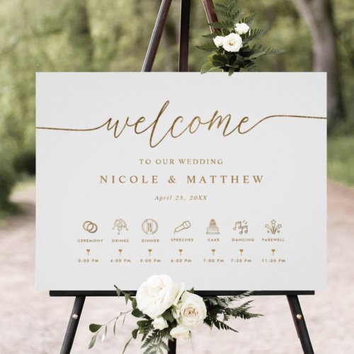 White and Gold Wedding Welcome Sign with Timeline