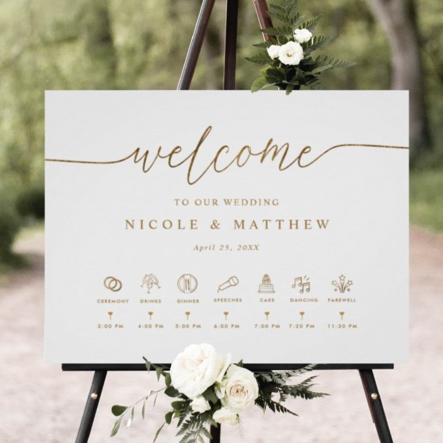 White and Gold Wedding Welcome Sign with Timeline (Creator Uploaded)
